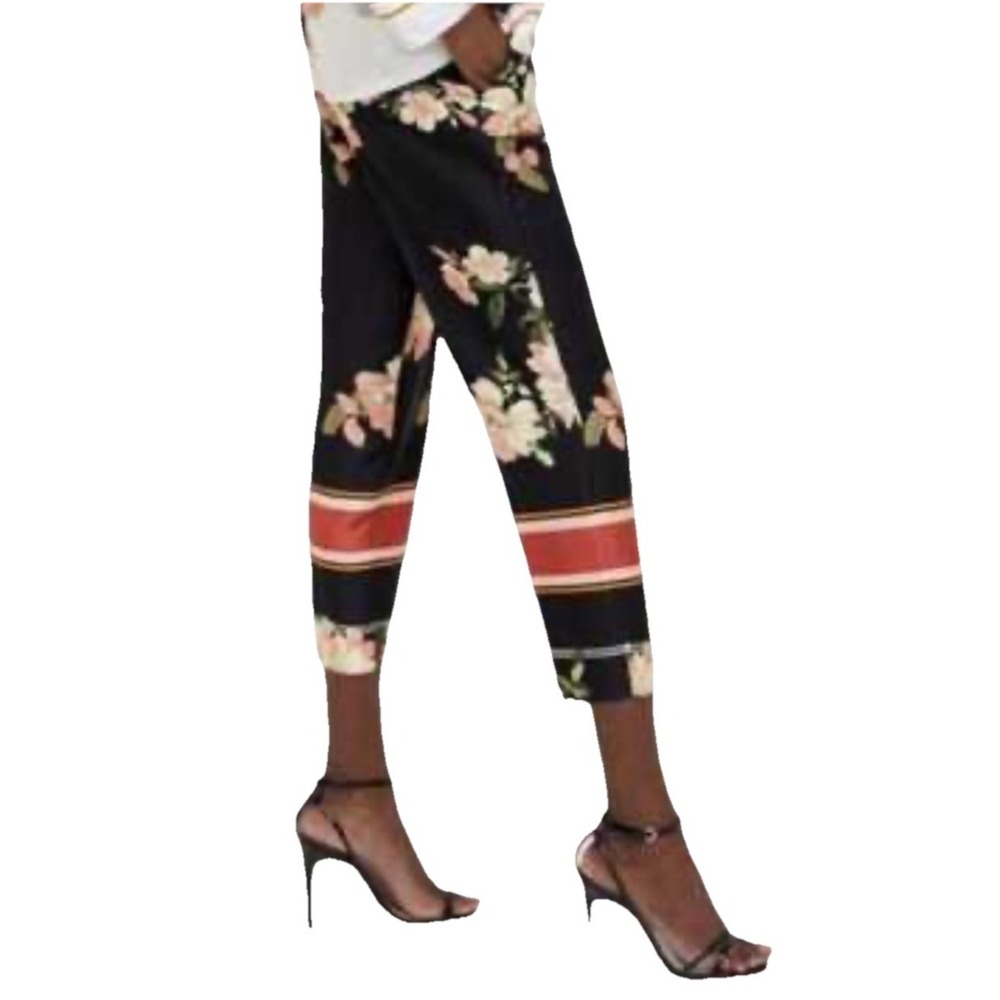 Zara Black Floral Cropped Pants with Coral Stripe